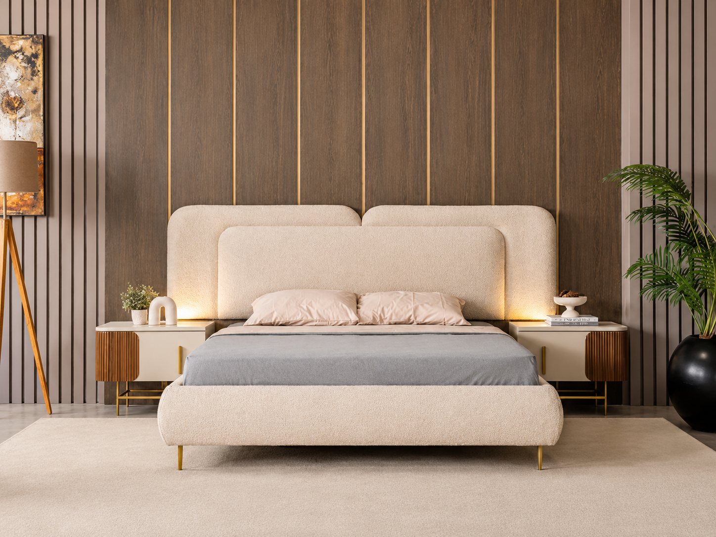 Noble Wood Modern Bouclé Upholstered Bed