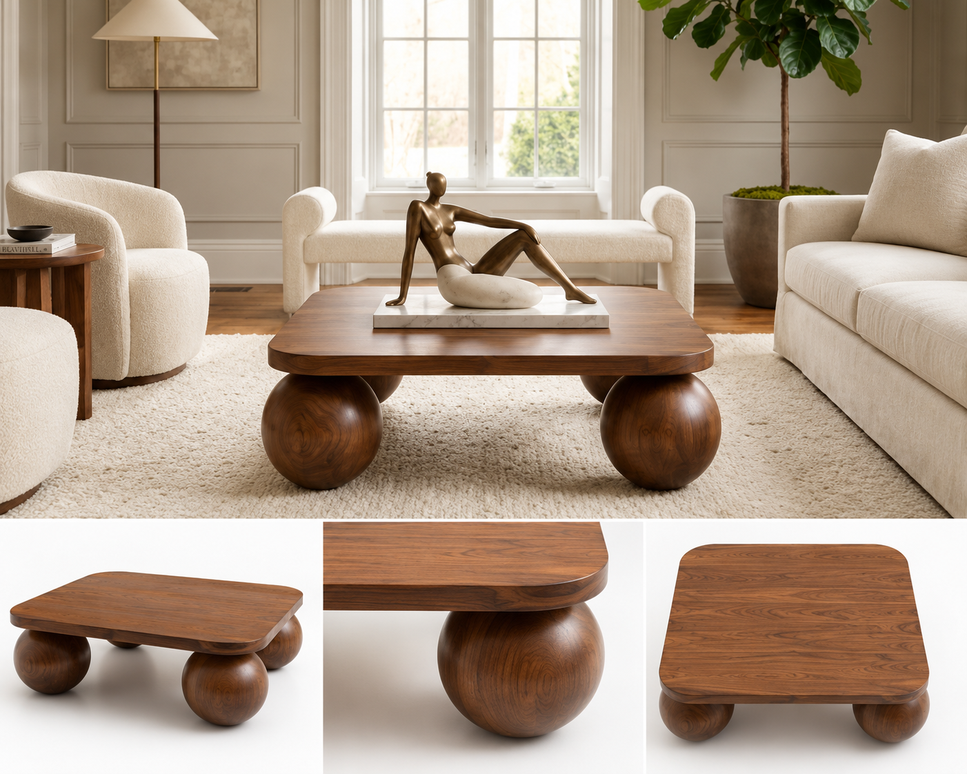 Noble Wood Modern Ball Base Coffee Table