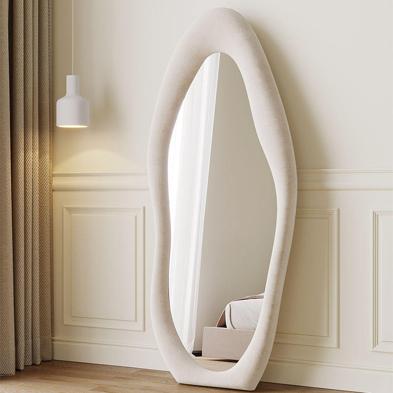 Noble Wood Irregular Standing Mirror in Bouclé Fabric