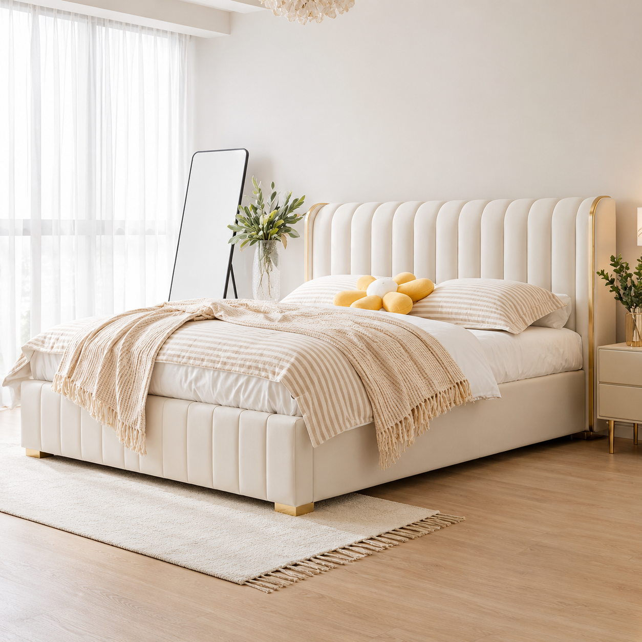 Noble Wood Modern Channel Tufted Upholstered Bed