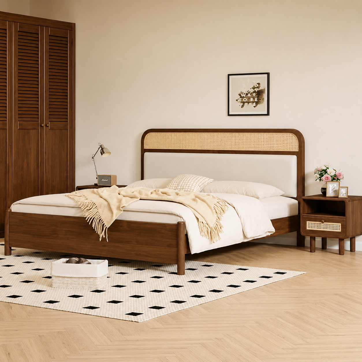 Noble Wood Modern Cane Upholstered Bed
