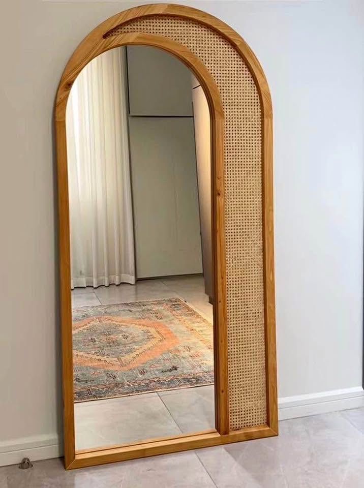 Noble Wood Yellow Pine Rattan Floor Mirror