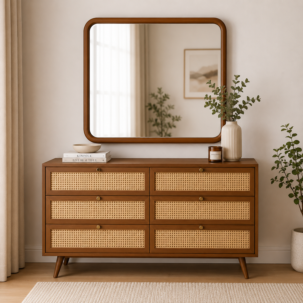 Noble Wood Modern Cane Upholstered Bed